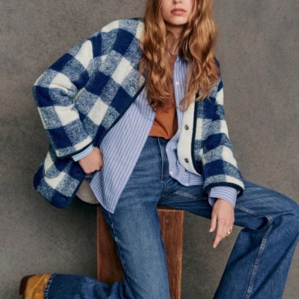 Sezane Blue and White Checkered Jacket
